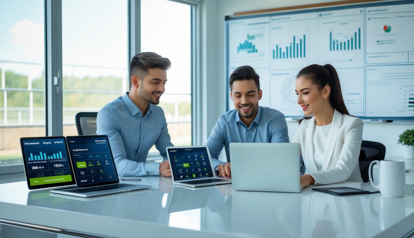 Dua orang muda duduk di meja dengan beberapa perangkat digital yang menampilkan informasi taruhan bola, terlihat fokus dan serius dalam suasana belajar.