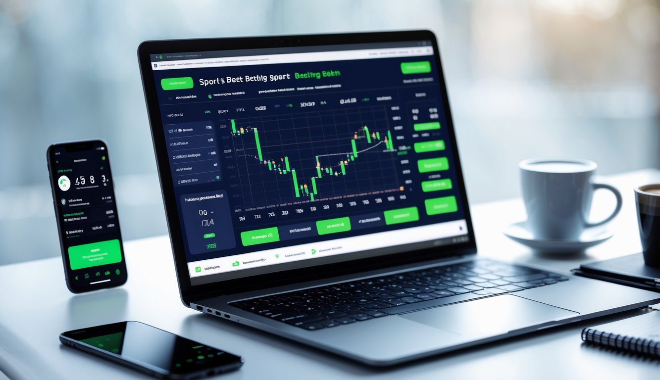 Seorang pengguna sedang menggunakan laptop untuk bertaruh olahraga online dengan tampilan odds kompetitif di layar.