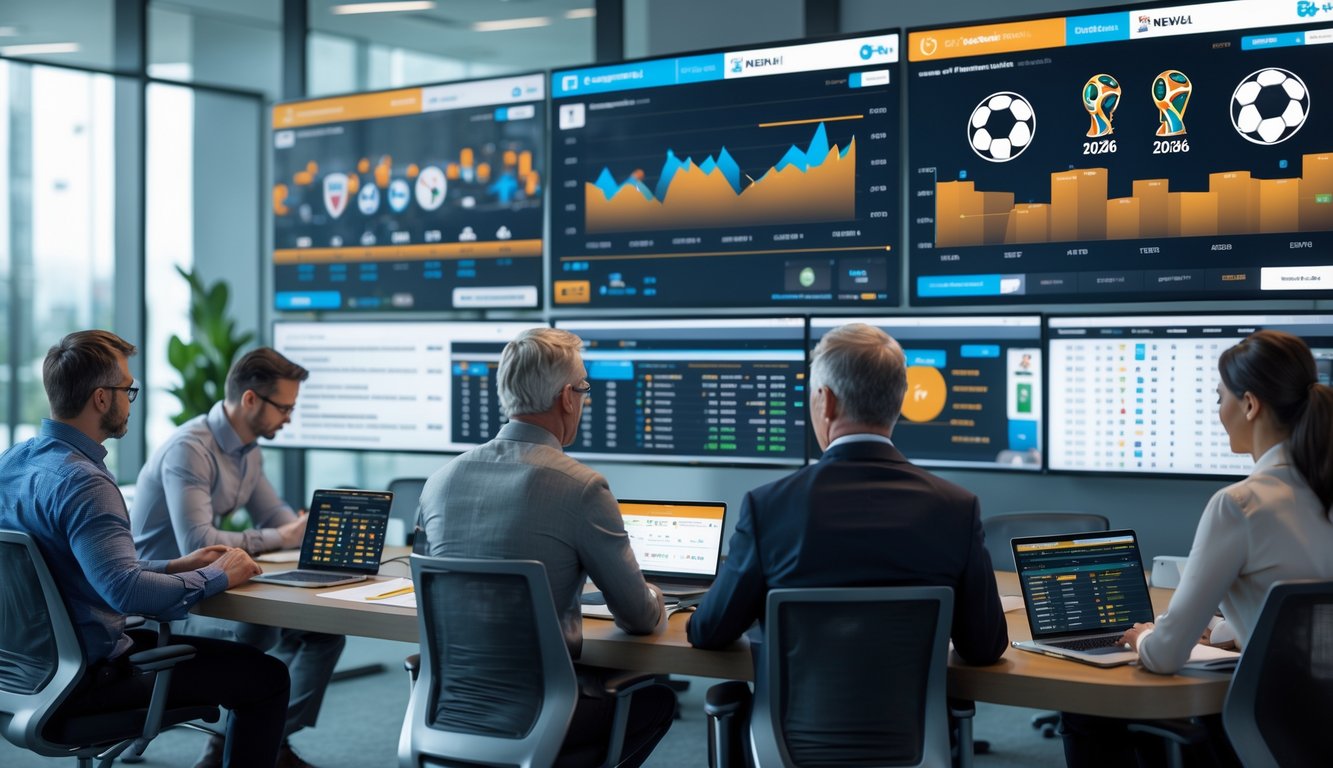 Sekelompok orang fokus menganalisis statistik pertandingan sepak bola di ruangan kantor modern dengan layar digital besar dan perangkat elektronik.