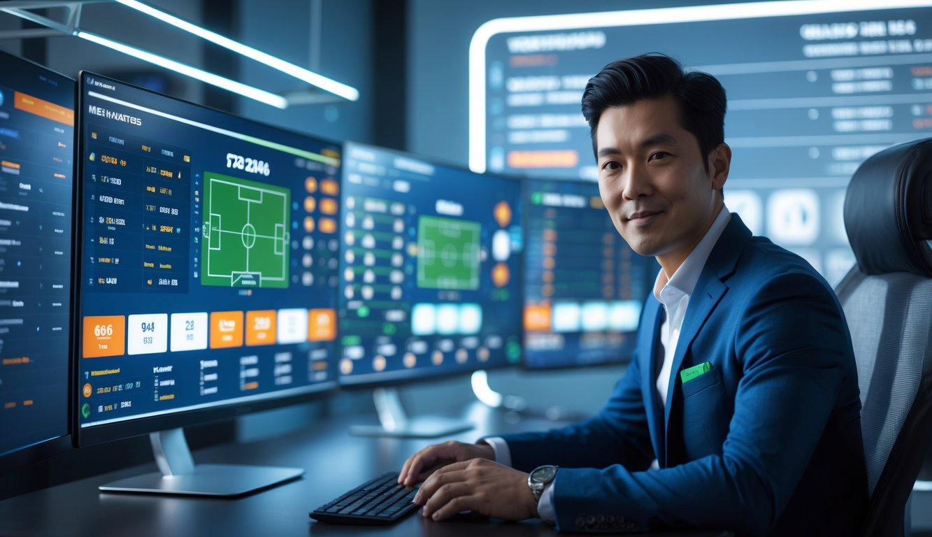 Seorang pria Asia duduk di depan beberapa layar komputer yang menampilkan data taruhan olahraga dan pertandingan sepak bola secara langsung di sebuah kantor modern.
