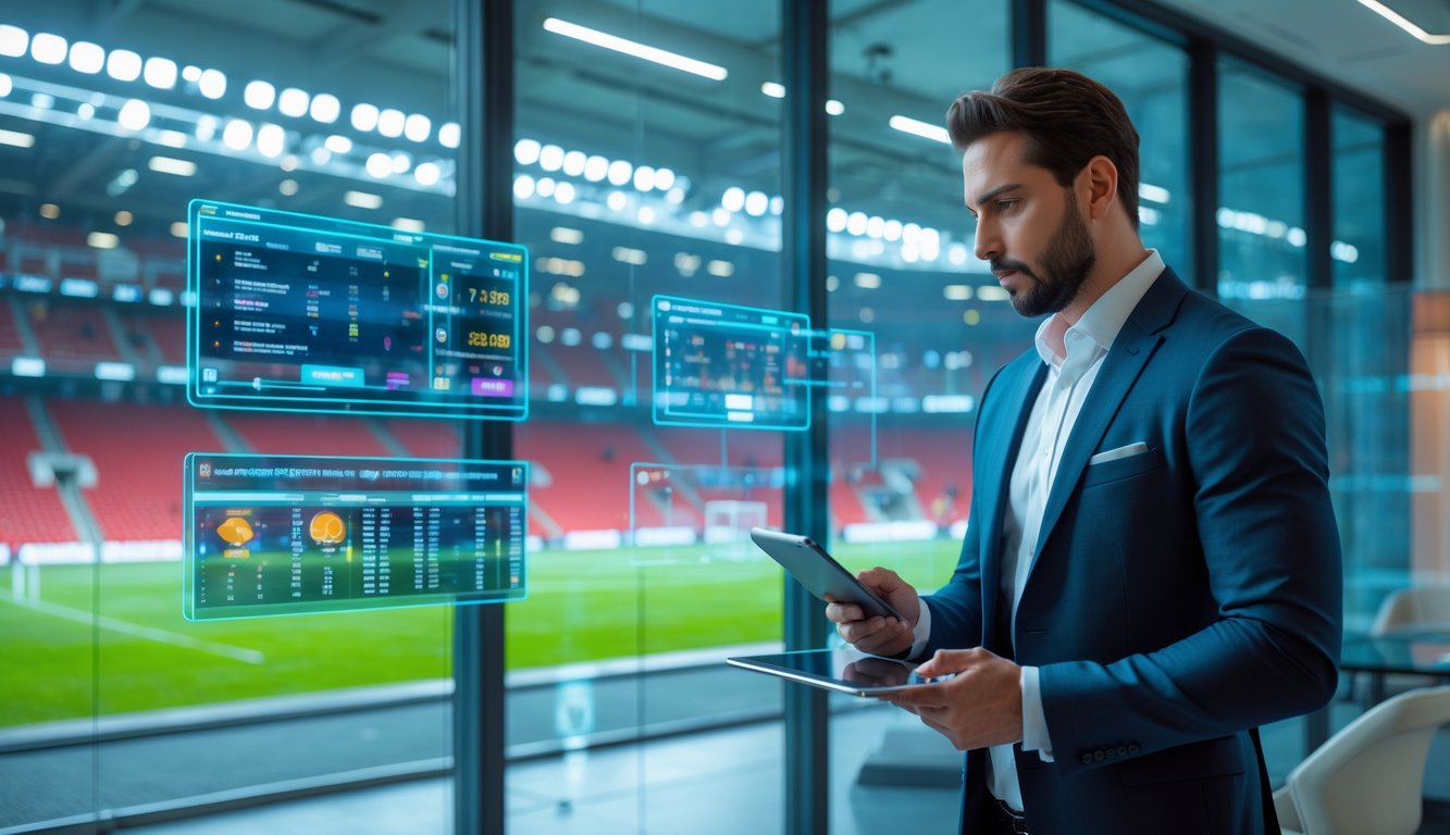 Seorang pria berpakaian rapi sedang menganalisis data taruhan sepak bola di kantor modern dengan layar digital dan stadion terlihat di latar belakang.