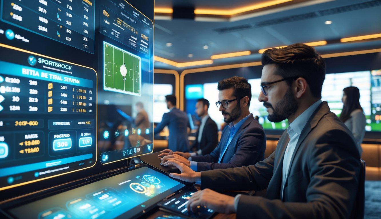 Orang-orang menggunakan perangkat digital canggih untuk bertaruh pada pertandingan sepak bola di ruang taruhan modern.