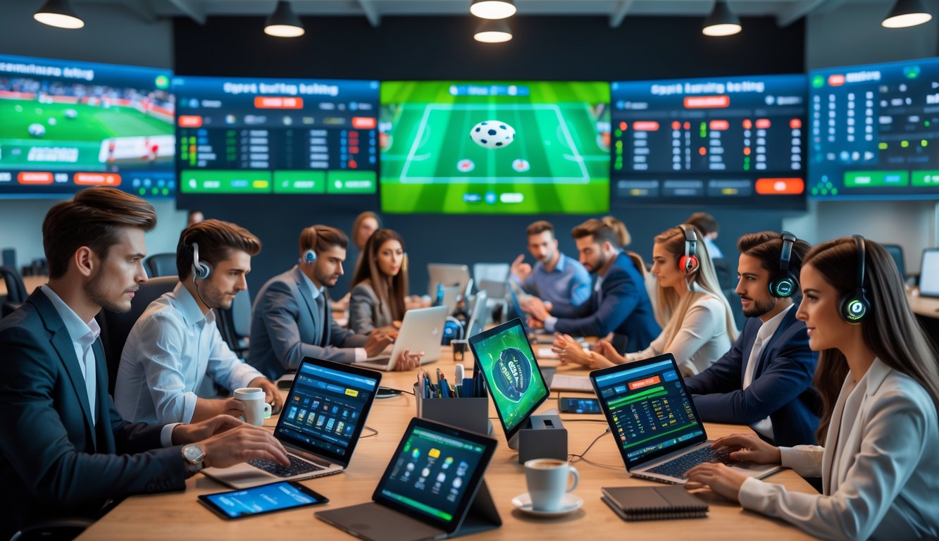 Beberapa orang muda menggunakan perangkat digital di kantor modern dengan layar besar menampilkan pertandingan sepak bola dan taruhan langsung.