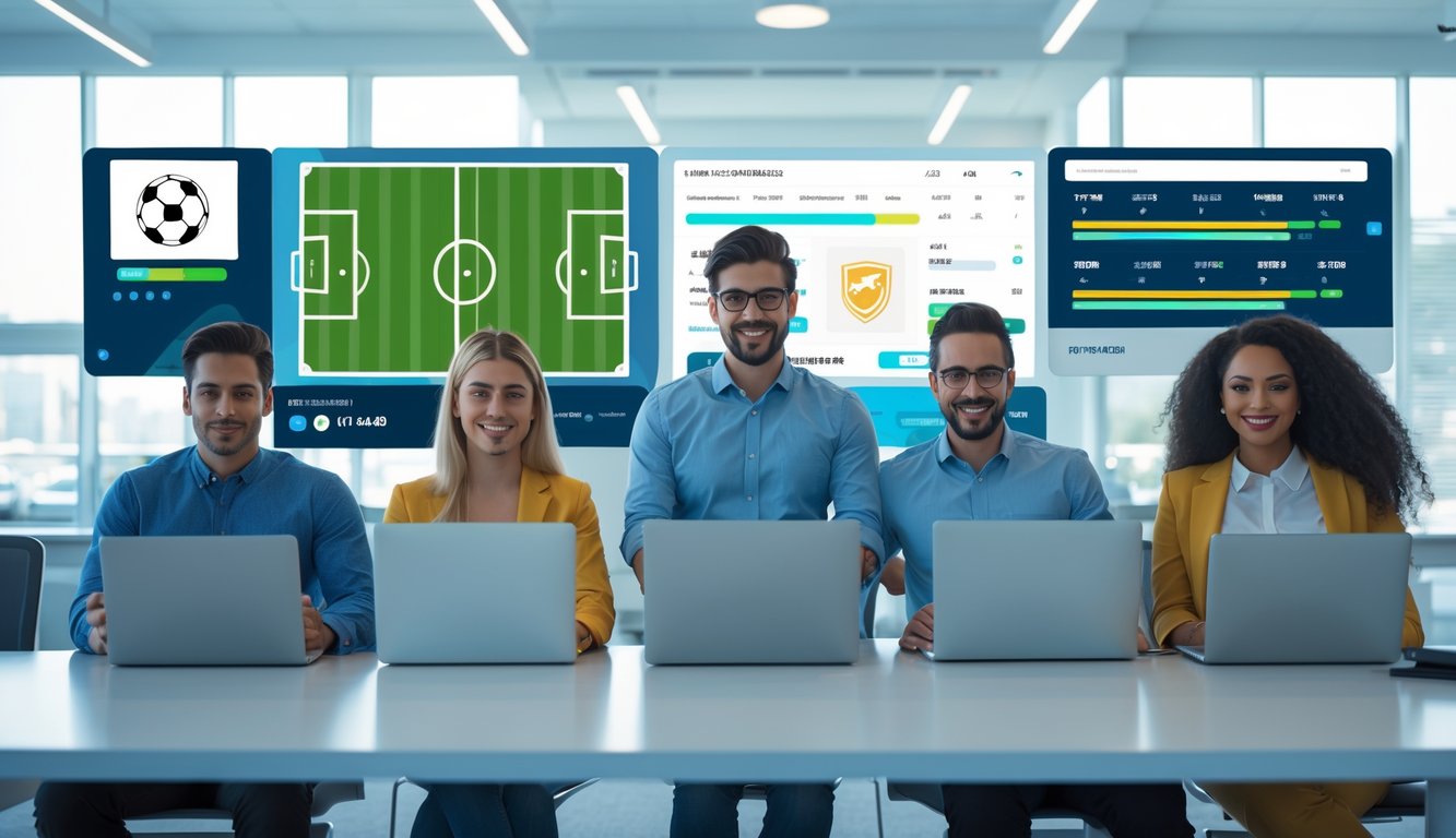 Sekelompok orang menggunakan laptop dan ponsel di ruang kantor modern dengan tampilan grafis sepak bola dan elemen keamanan digital.