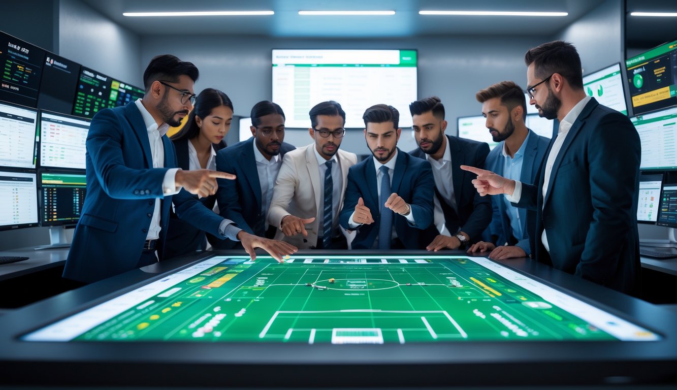 Sekelompok profesional sedang menganalisis data taruhan sepak bola dengan layar digital dan grafik di ruang kantor modern.