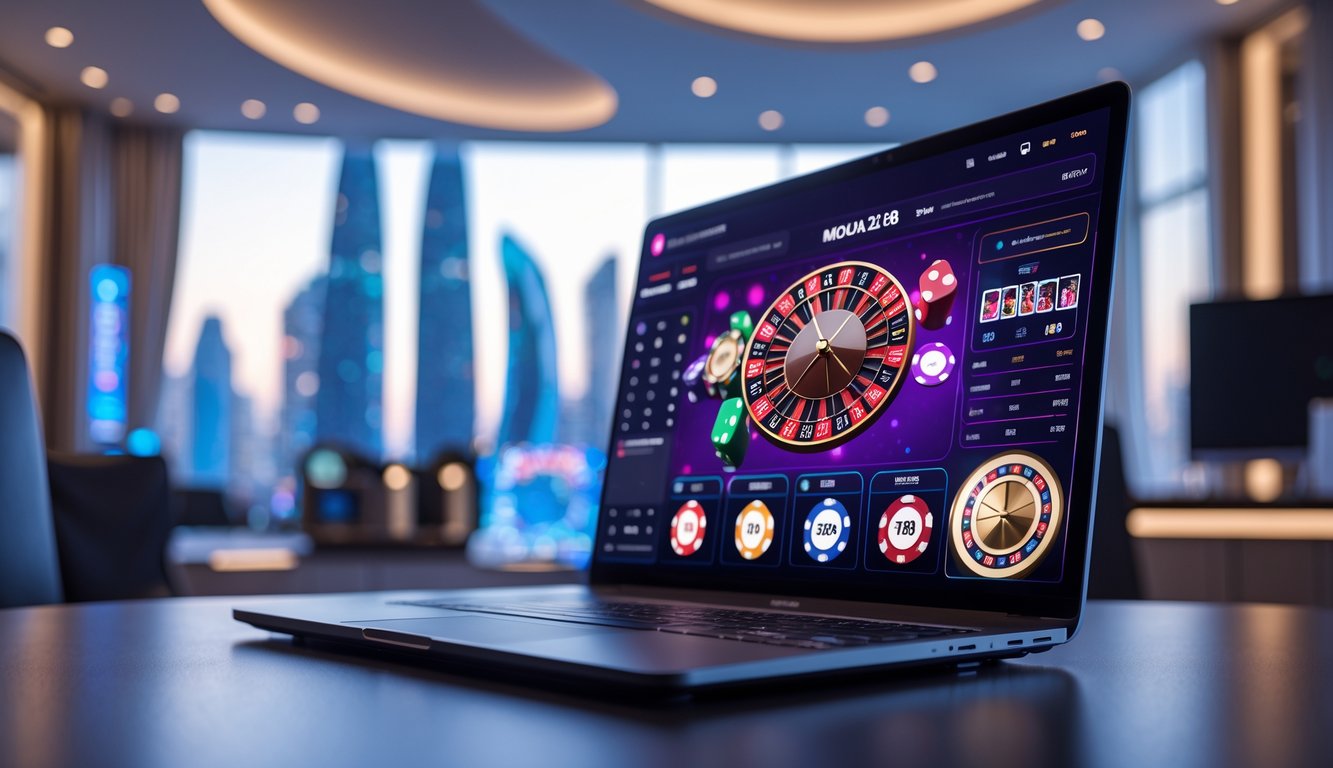 Seorang pria menggunakan komputer di meja kerja modern dengan latar belakang pemandangan kota Macau yang samar.