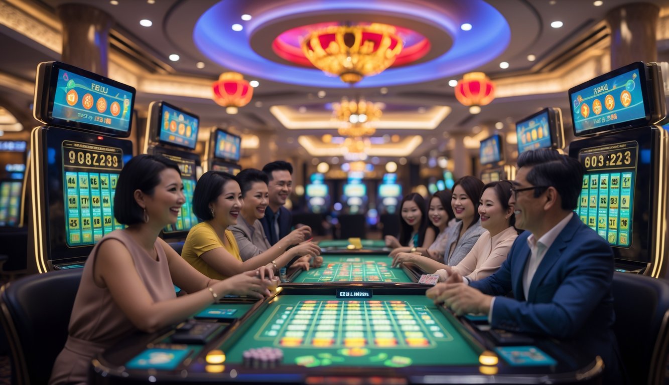 Beberapa orang dewasa bermain lotere di terminal digital di sebuah kasino modern dengan dekorasi bergaya Macau.