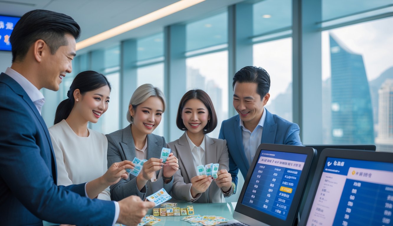 Seorang agen profesional membantu beberapa orang dewasa di kantor agen judi dengan pemandangan kota Macau di latar belakang.