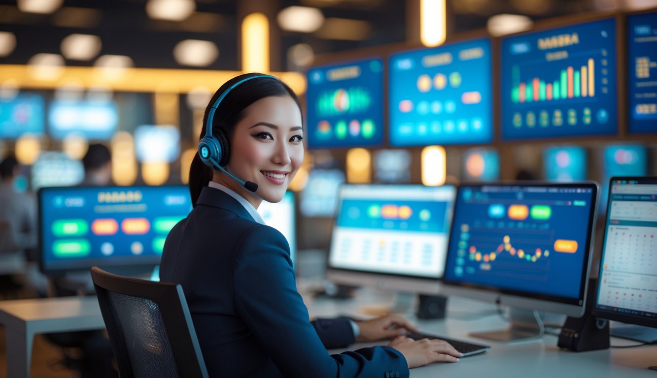 Seorang petugas layanan pelanggan yang ramah duduk di depan komputer dengan latar kota Macau dan layar digital yang menampilkan antarmuka lotere online.