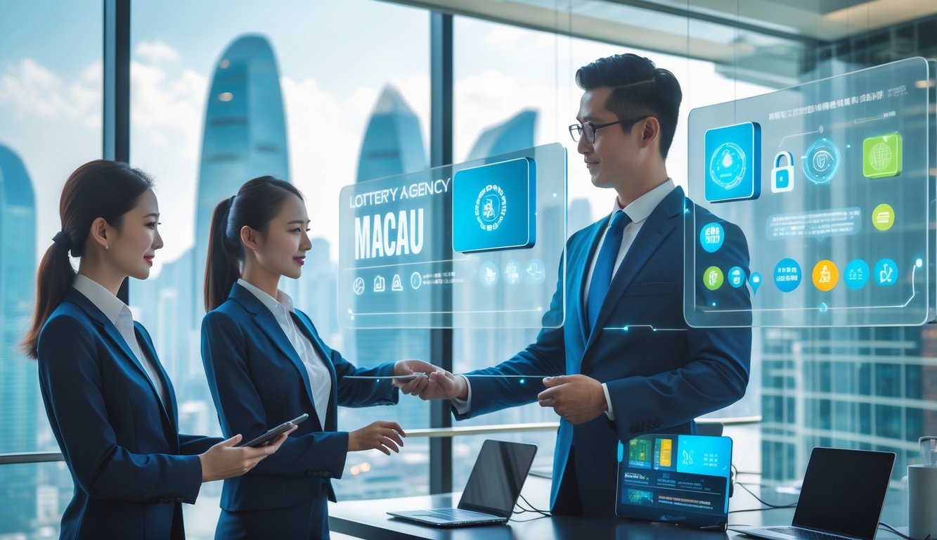 Dua profesional bisnis berdiri di kantor modern dengan layar sentuh digital yang menunjukkan transaksi cepat dan aman, latar belakang kota Macau.