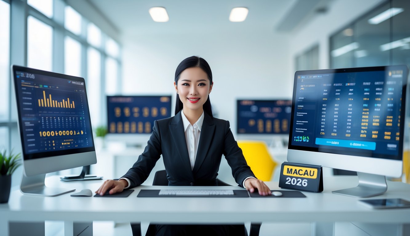 Seorang wanita profesional duduk di depan komputer di kantor modern dengan latar belakang model miniatur kota Macau dan kalender digital tahun 2026.