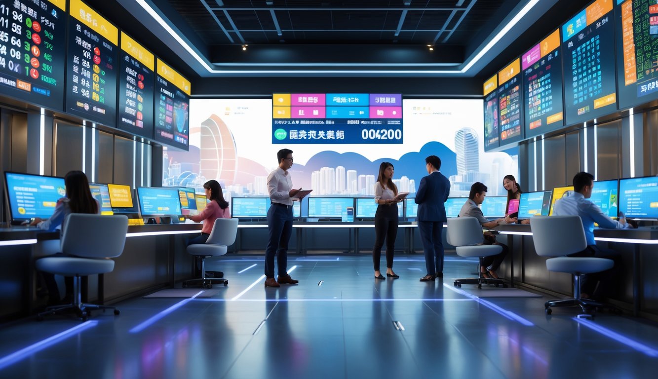 Orang-orang sedang melihat dan berdiskusi di pusat taruhan modern dengan layar digital menampilkan data lotere resmi dan pembaruan harian, dengan latar belakang pemandangan kota Macau.