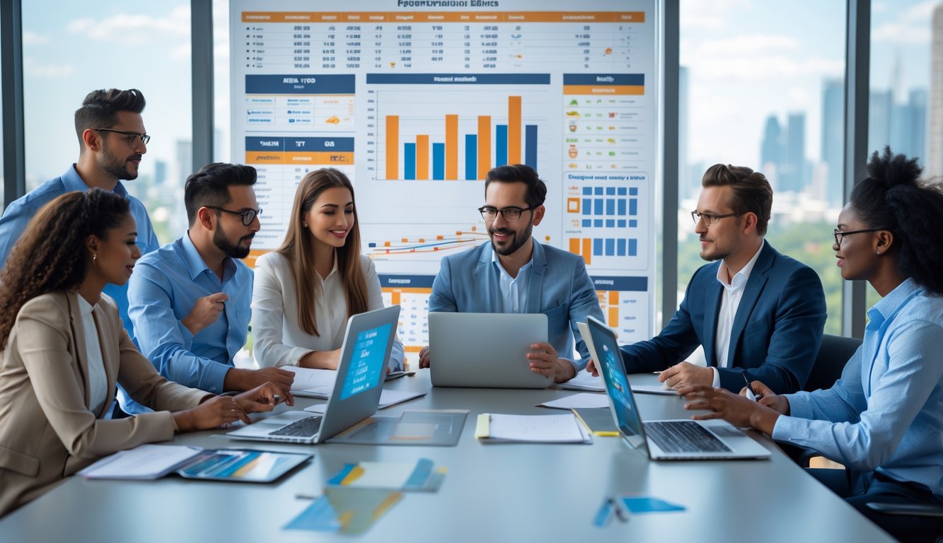 Sekelompok orang sedang berdiskusi dan menganalisis data di ruang kantor dengan pemandangan kota di luar jendela.