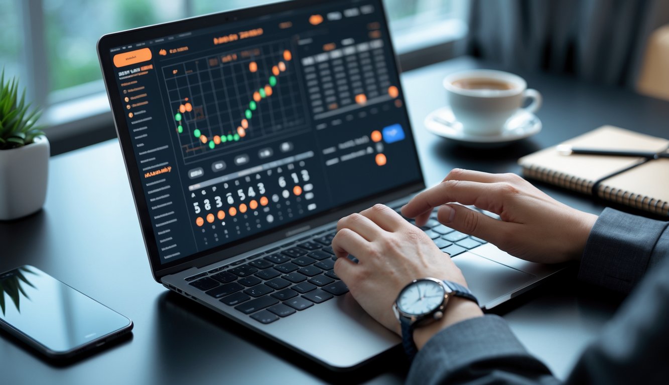 Seorang pria atau wanita menggunakan laptop di meja kerja dengan tangan aktif mengetik, di sekitar meja terdapat ponsel, cangkir kopi, dan buku catatan.