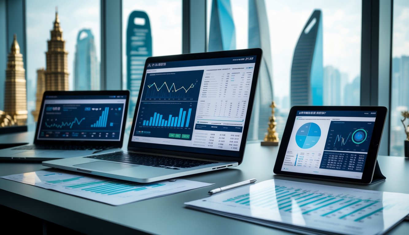 Meja kerja modern dengan laptop dan tablet yang menampilkan grafik dan data statistik, serta model kecil gedung-gedung Macau di latar belakang.