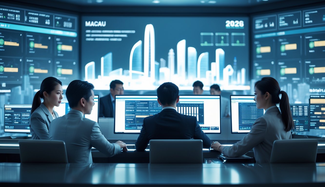 Seorang profesional sedang bekerja di ruang kontrol modern dengan layar digital besar yang menampilkan data dan simbol keamanan, dengan latar belakang pemandangan kota Macau.
