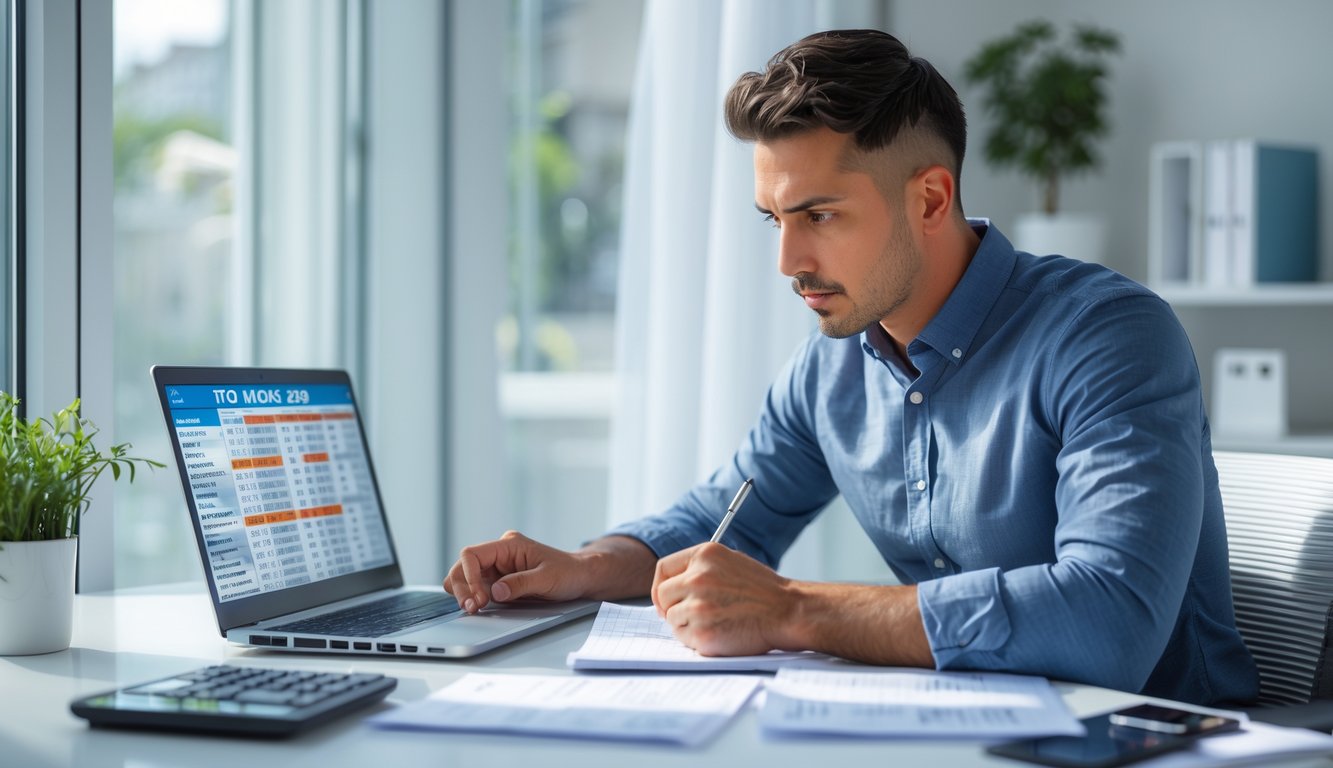 Seorang pria fokus duduk di meja kerja dengan laptop dan catatan strategi judi Toto Macau 2026 di ruang kerja yang rapi.
