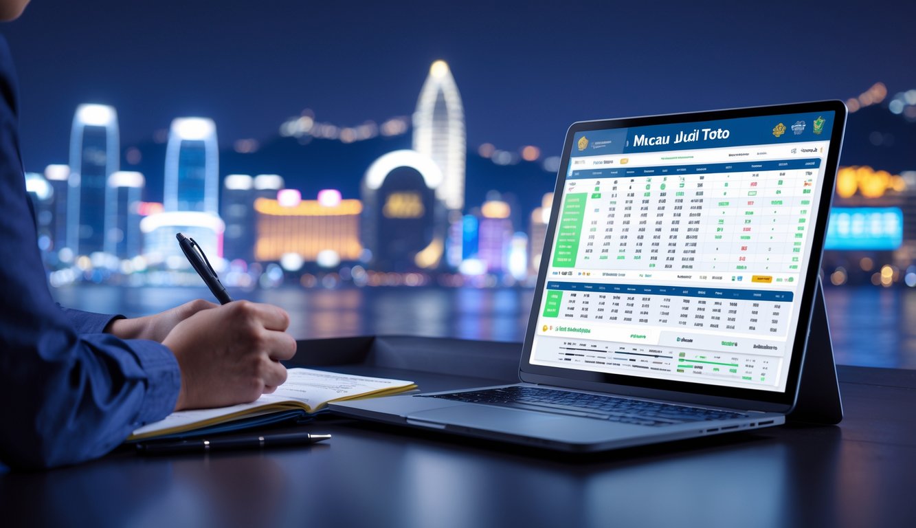 Seseorang sedang menganalisis data lotere Macau 2026 menggunakan komputer dan buku catatan di meja kerja dengan latar belakang pemandangan kota Macau.
