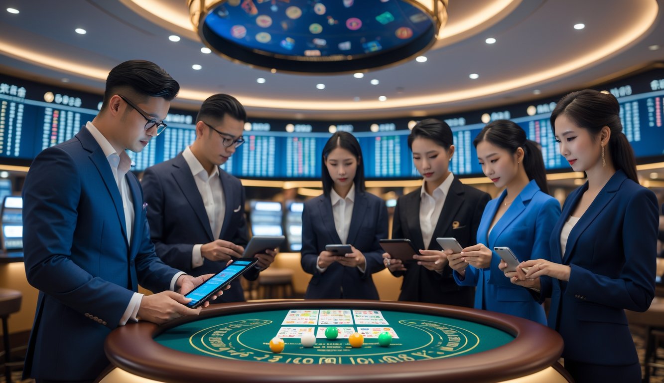 Beberapa orang berpakaian rapi sedang menganalisis tiket lotere di dalam kasino modern dengan layar digital dan pemandangan kota Macau di latar belakang.