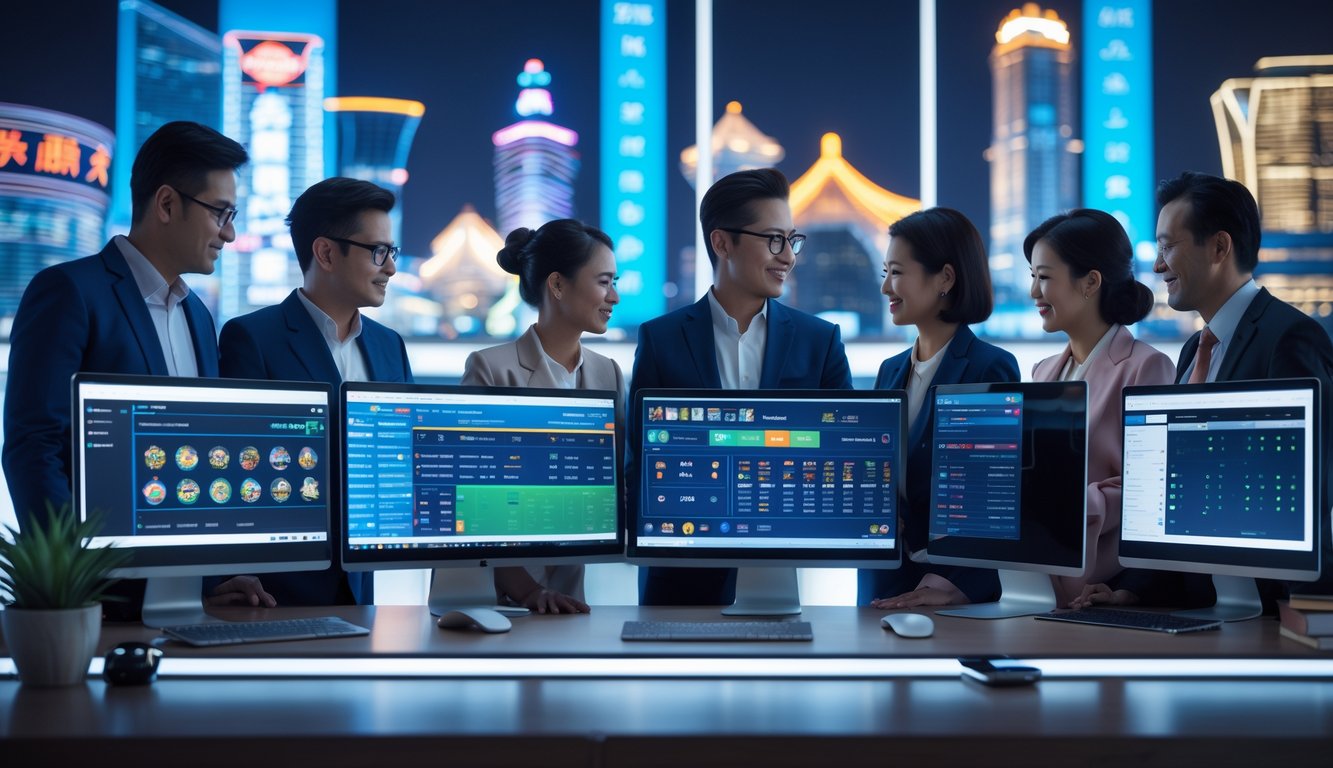 Sekelompok orang profesional bekerja bersama di kantor modern dengan layar komputer yang menampilkan grafik dan permainan kasino, latar belakang menunjukkan pemandangan kota Macau dengan lampu neon.