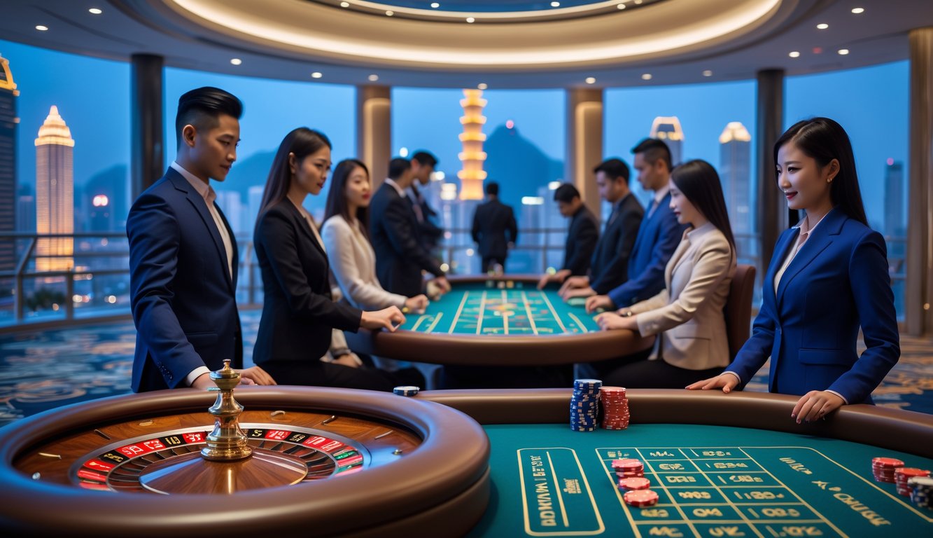 Suasana dalam kasino modern di Macau dengan meja judi dan latar belakang gedung pencakar langit kota.