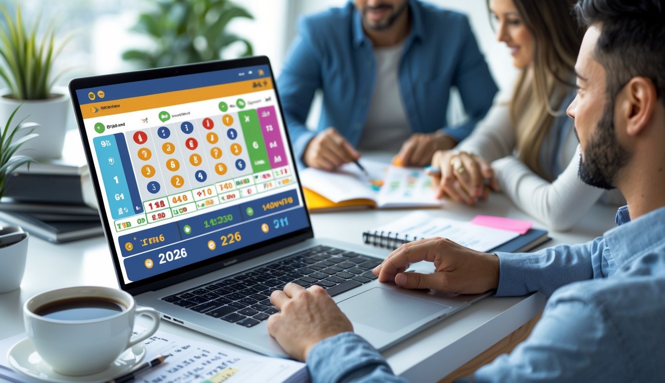 Orang-orang duduk di meja kerja dengan laptop yang menampilkan antarmuka lotere digital dan catatan terbuka, menunjukkan suasana belajar dan diskusi tentang judi togel online.