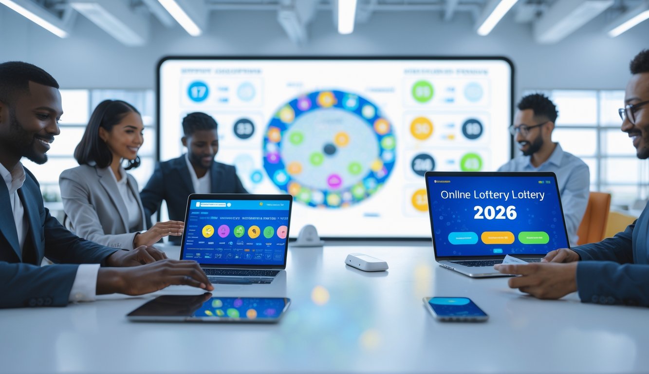 Orang-orang menggunakan perangkat digital di ruang kantor modern dengan layar besar menampilkan grafik lotere.