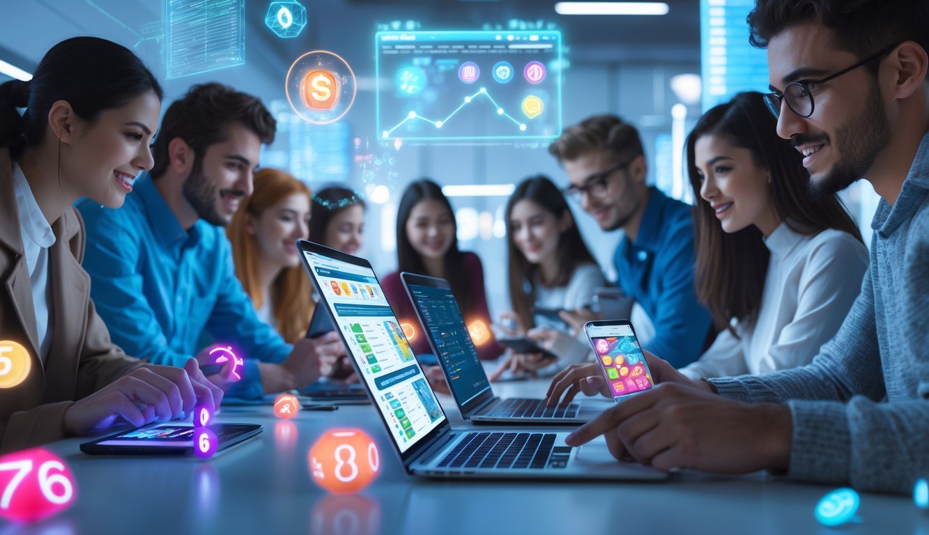 Sekelompok orang muda menggunakan perangkat digital di ruang kerja modern dengan elemen digital yang melayang, menunjukkan aktivitas judi togel online.