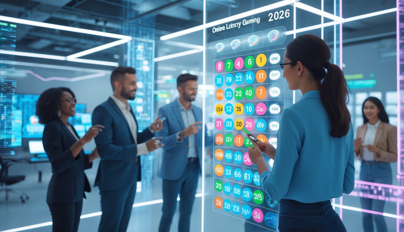 Beberapa orang menggunakan layar sentuh transparan dengan angka dan grafik lotere di lingkungan teknologi modern.