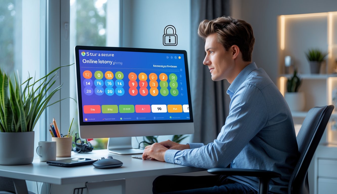 Seorang dewasa muda duduk di meja kerja modern menggunakan komputer untuk bermain togel online dalam suasana yang aman dan nyaman.