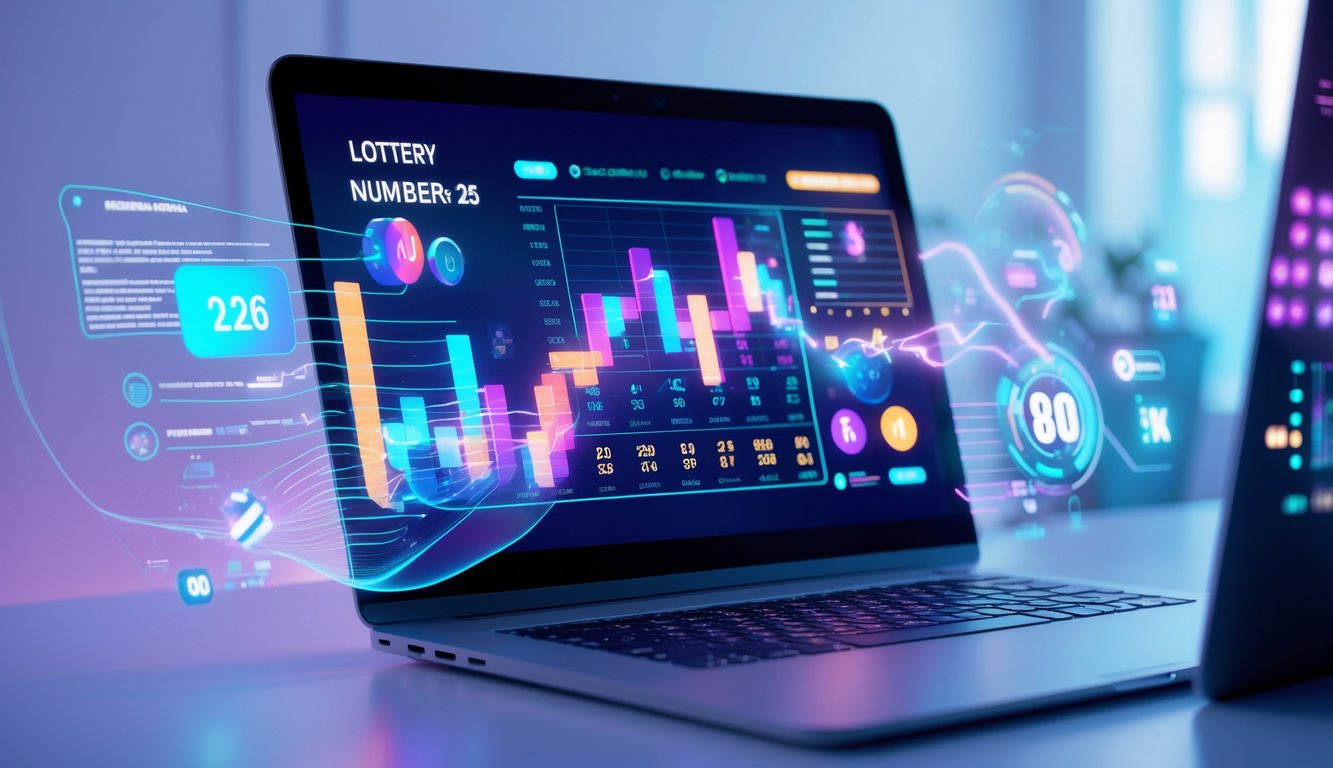 Sebuah komputer modern menampilkan grafik dan statistik digital terkait togel online dengan latar belakang teknologi futuristik.