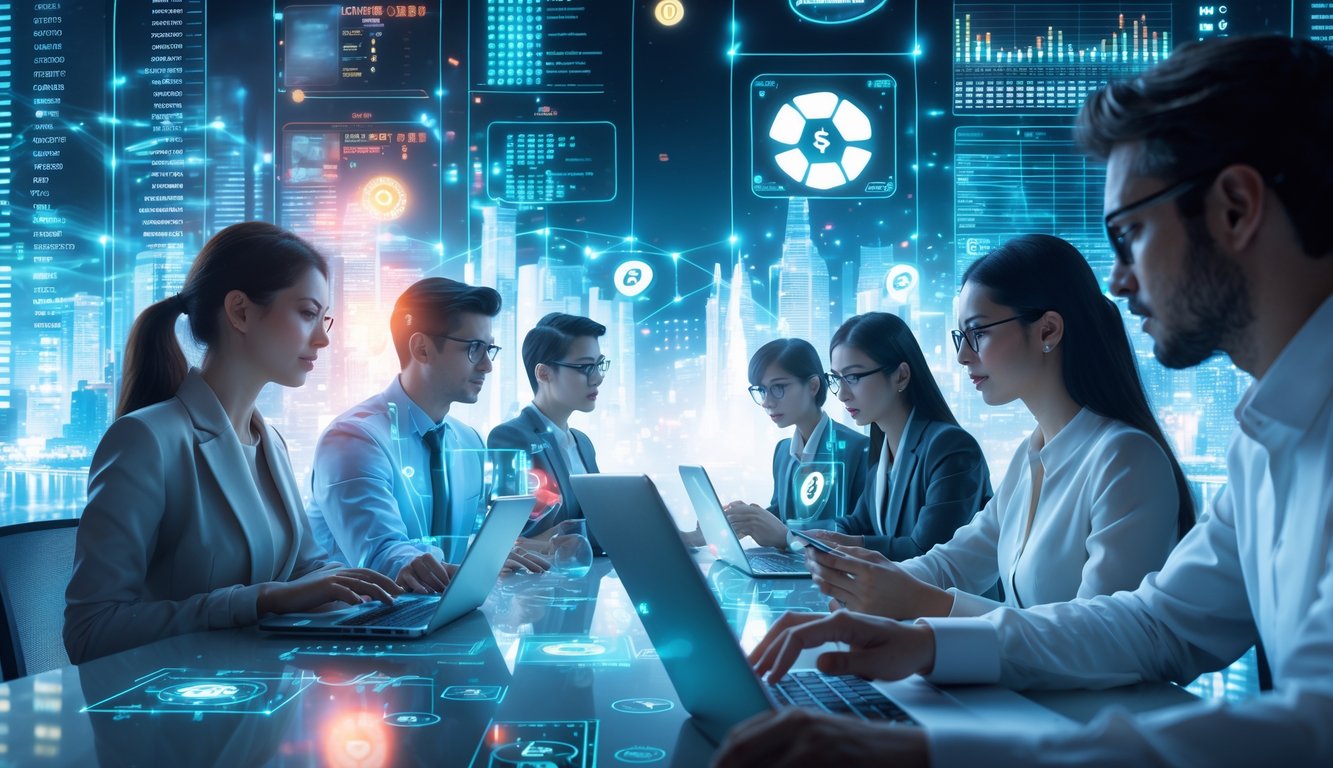 Beberapa profesional muda sedang bekerja dengan layar holografik yang menampilkan data dan grafik di ruang kerja modern dengan latar belakang kota digital futuristik.