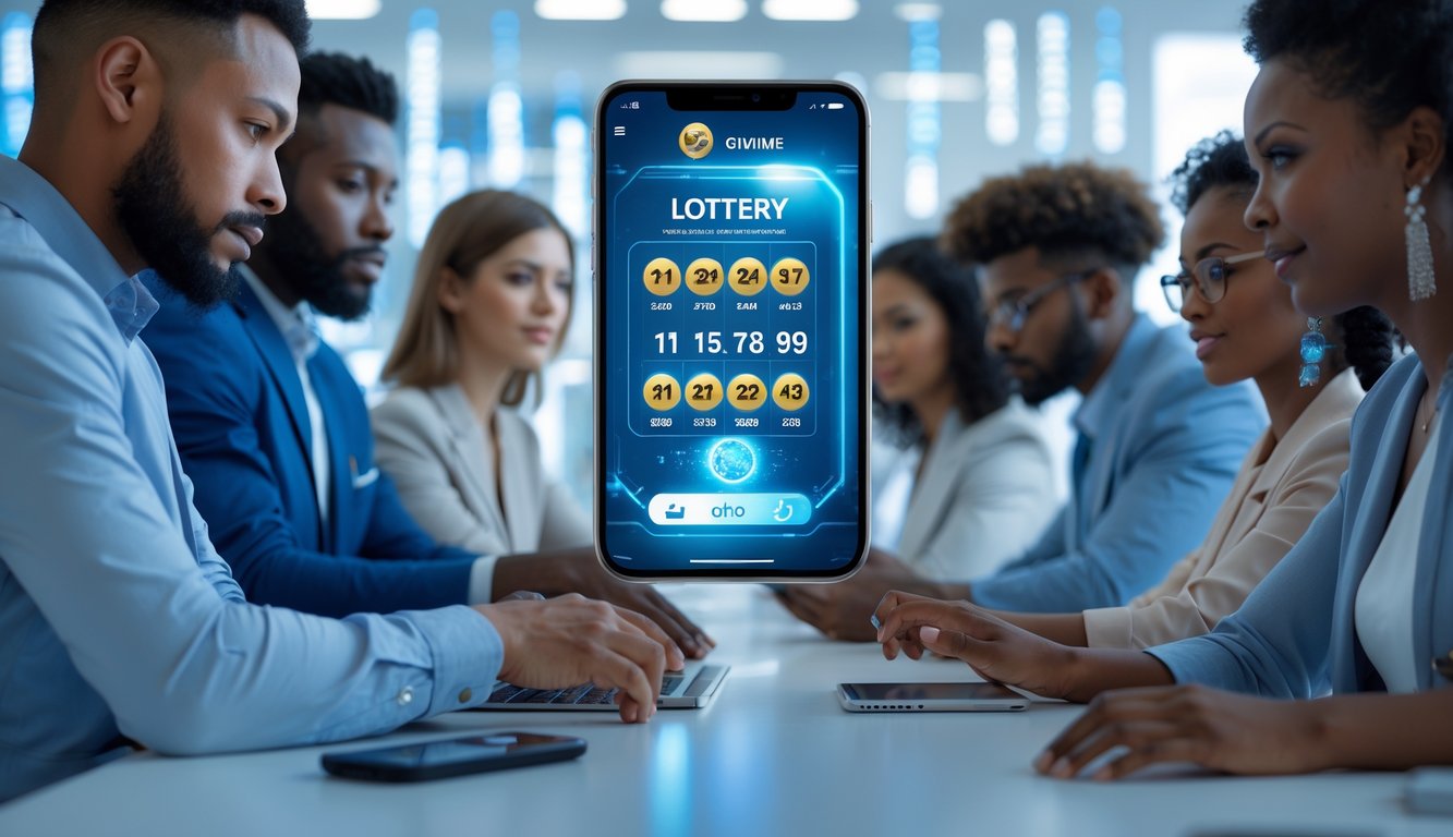 Orang-orang menggunakan perangkat digital di ruang kerja modern dengan tampilan antarmuka lotere online yang futuristik.