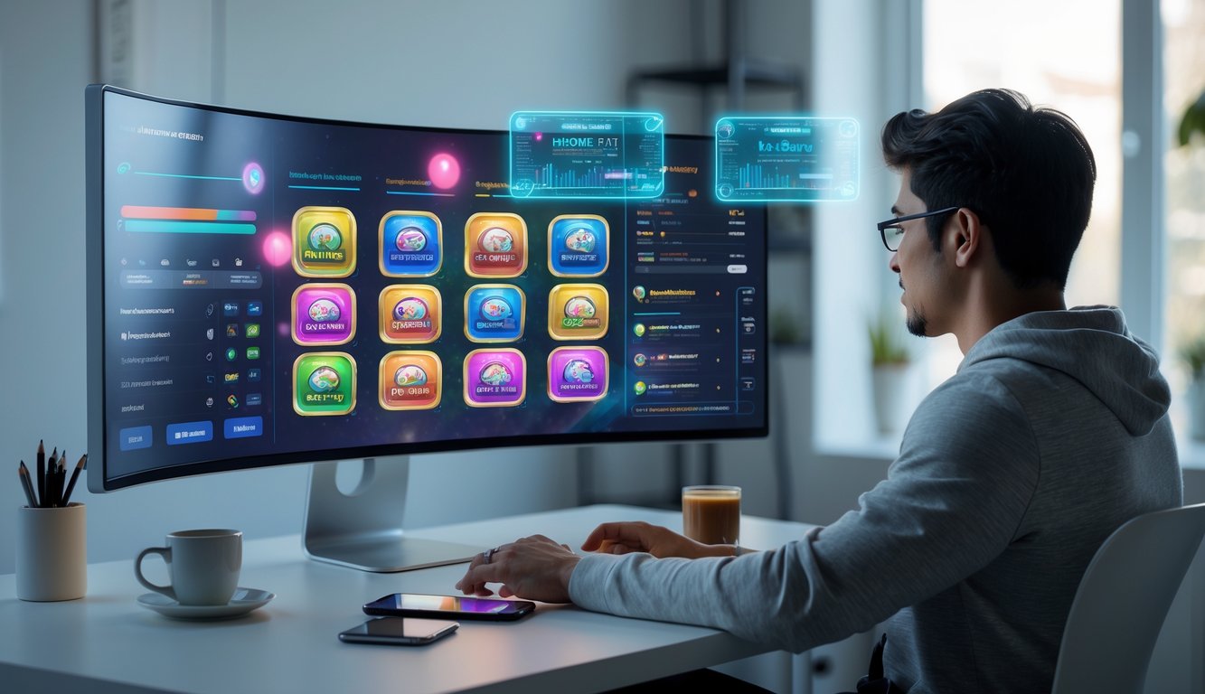 Seseorang duduk di meja dengan layar komputer menampilkan permainan lotere online, di ruang kerja modern dengan pencahayaan alami.