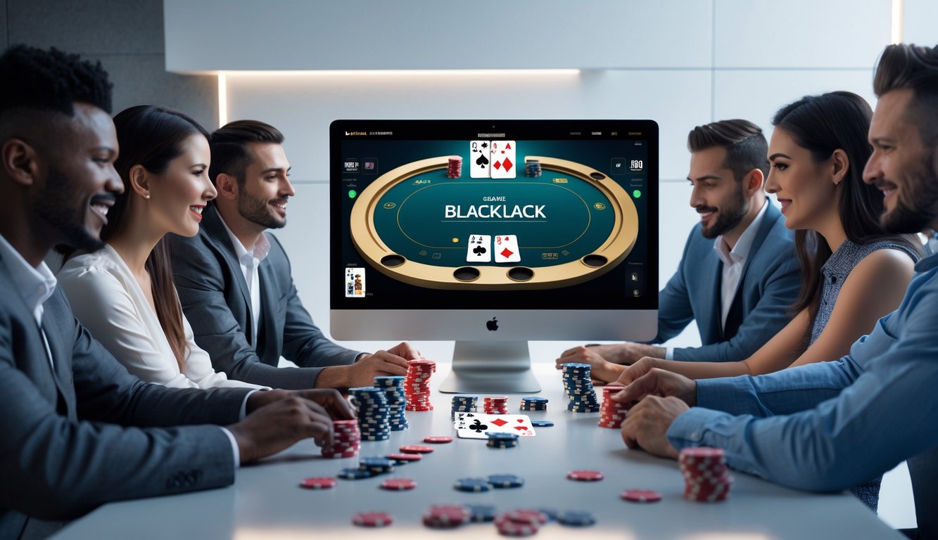 Beberapa pemain yang fokus bermain blackjack online di depan komputer dengan chip dan kartu di meja.