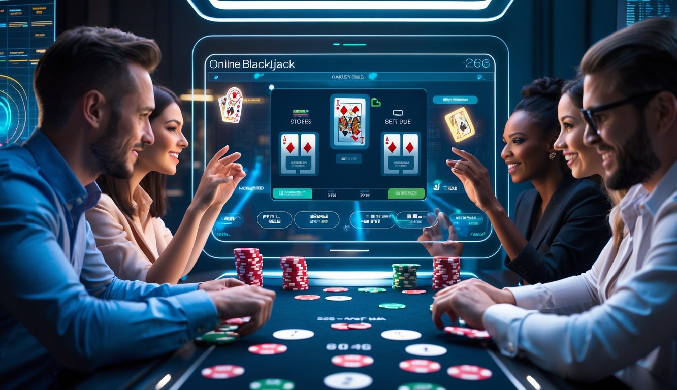 Sekelompok pemain beragam sedang bermain blackjack online dengan antarmuka digital futuristik di layar besar dalam ruangan modern dengan pencahayaan lembut dan aksen neon.