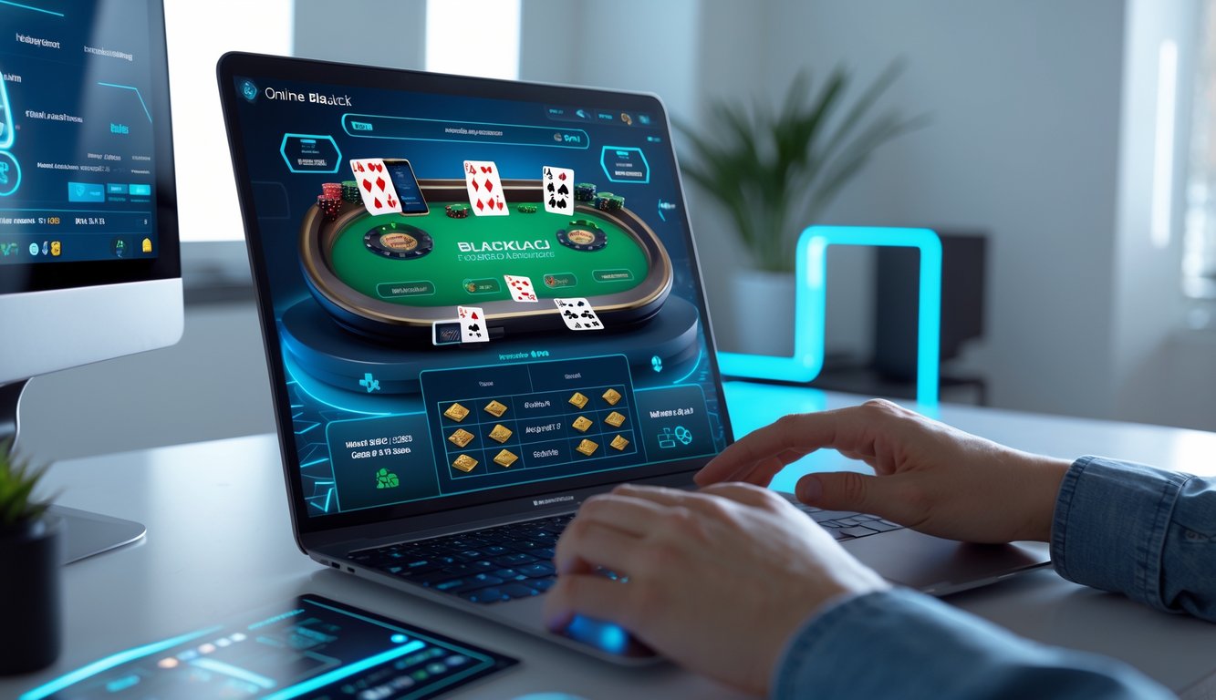 Seseorang bermain blackjack online di komputer dengan tampilan kartu dan chip di layar dalam ruangan yang rapi dan terang.