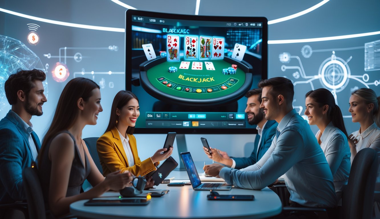 Beberapa orang muda sedang bermain blackjack online di depan komputer dan perangkat digital di ruangan modern dengan elemen teknologi futuristik.