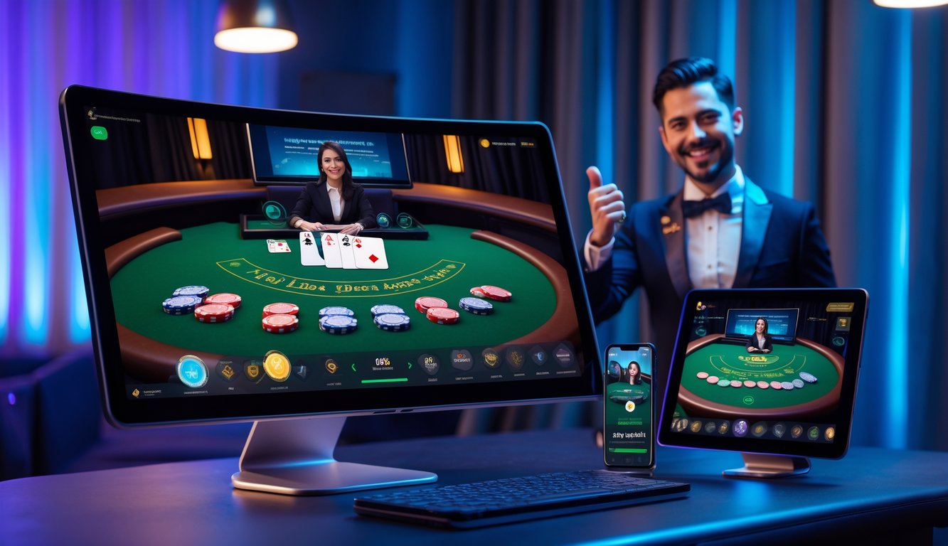 Seorang dealer blackjack profesional tersenyum di depan meja blackjack digital dengan kartu dan chip, dikelilingi oleh perangkat elektronik yang menampilkan permainan blackjack online interaktif.