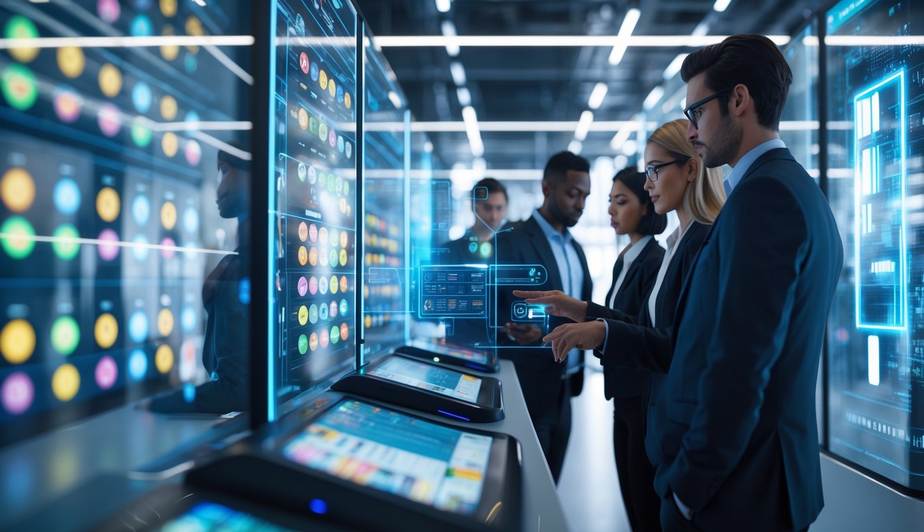 Sejumlah profesional bekerja dengan layar digital transparan menampilkan angka dan data lotere dalam lingkungan teknologi tinggi.