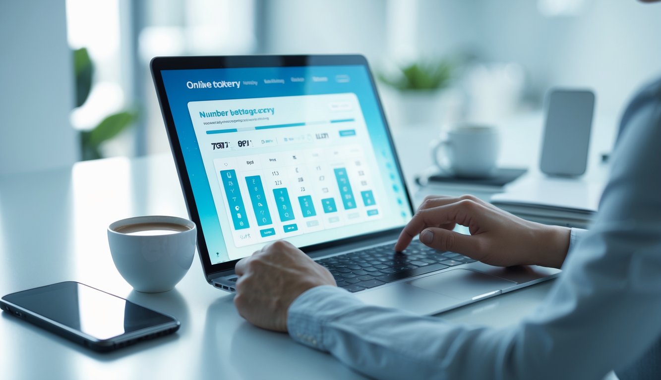 Seseorang menggunakan laptop di meja kerja modern untuk aktivitas memasang angka harian secara online.