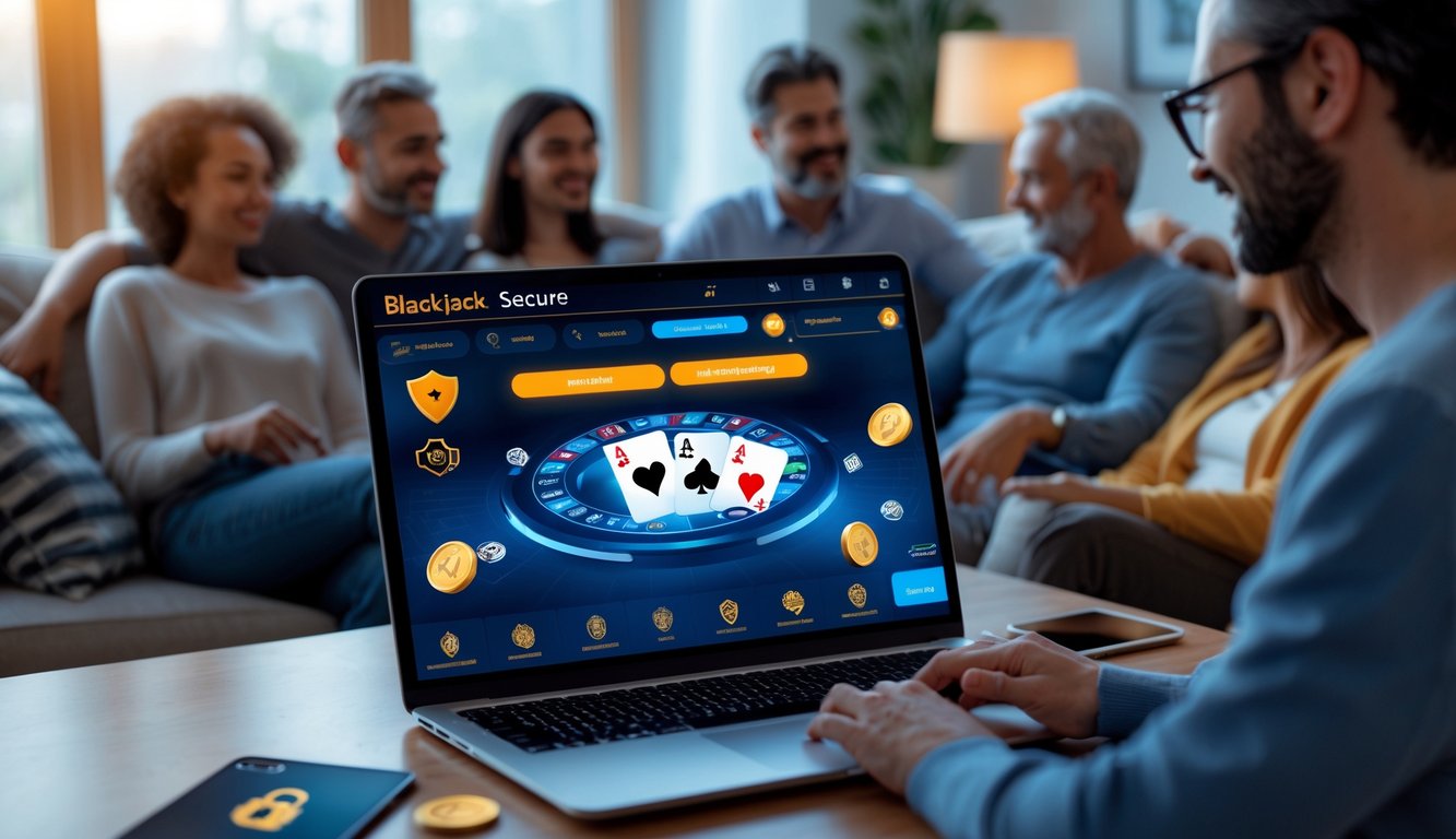 Orang-orang bermain blackjack online dengan perangkat digital di lingkungan rumah yang nyaman dan aman.