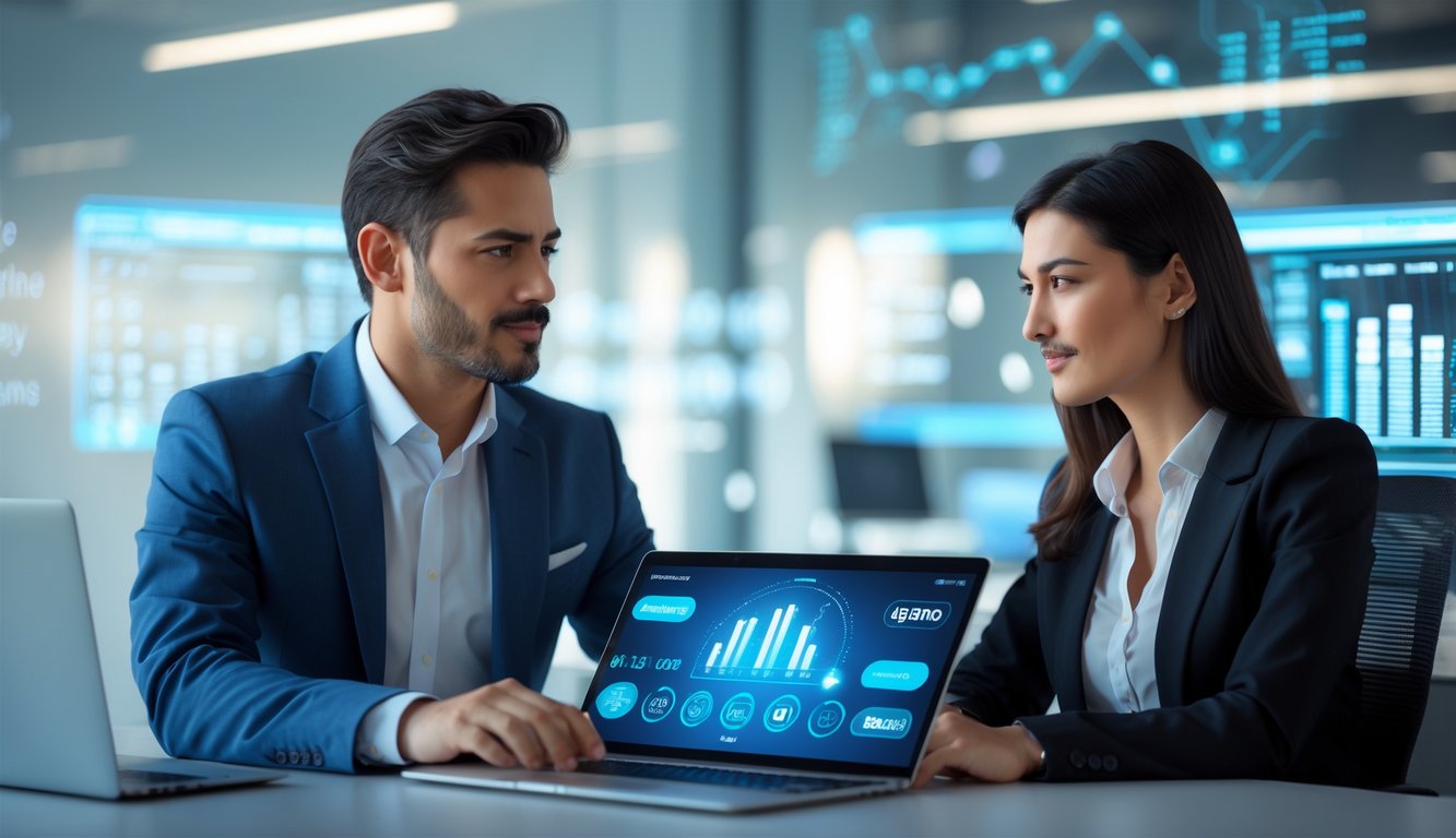 Dua orang dewasa duduk berdampingan di meja modern menggunakan laptop dengan latar kantor yang terang dan elemen digital abstrak di belakang.