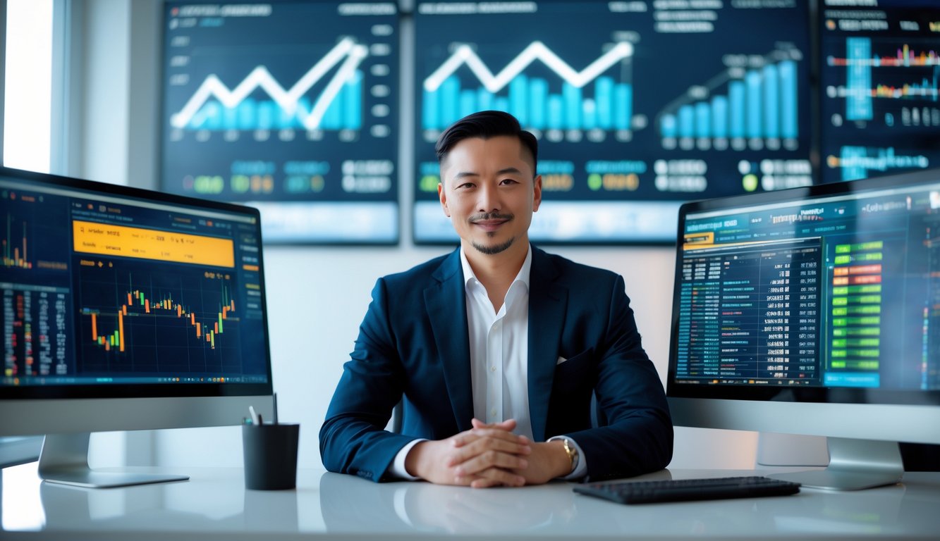 Seorang profesional duduk di depan beberapa monitor komputer yang menampilkan grafik dan data real-time di sebuah kantor modern.