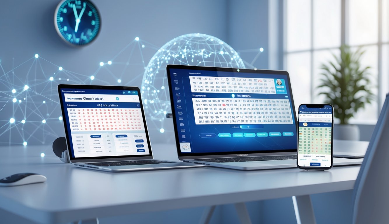 Meja kerja modern dengan beberapa perangkat digital menampilkan angka togel dan grafik waktu nyata, menunjukkan layanan online aktif 24 jam.