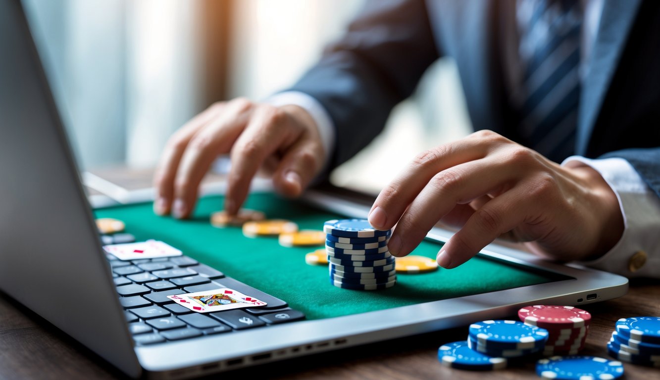 Seseorang sedang bermain blackjack online dengan laptop dan mengatur chip poker di meja permainan.