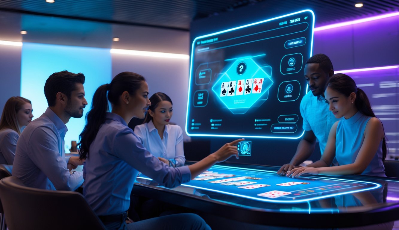Beberapa orang bermain blackjack online di meja sentuh digital dengan latar futuristik dan pencahayaan lembut.