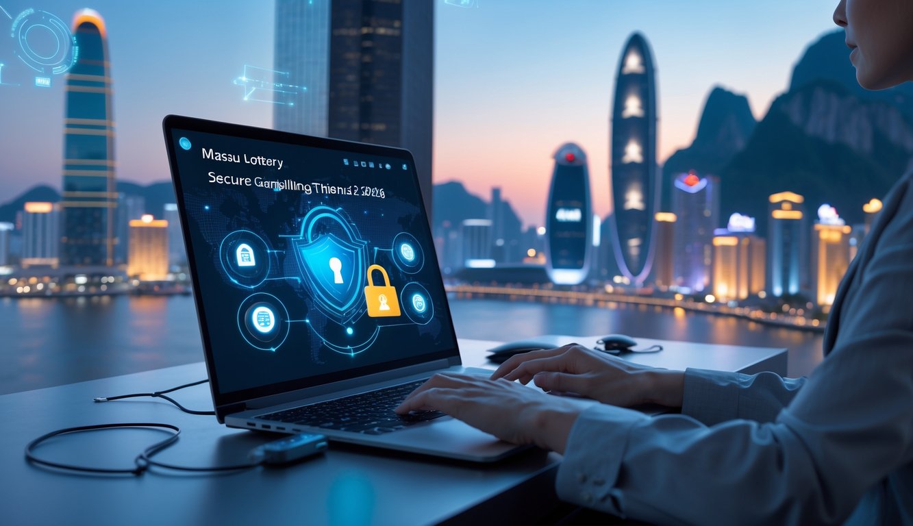 Orang menggunakan laptop di ruang kerja modern dengan latar belakang pemandangan kota Macau dan ikon keamanan digital.