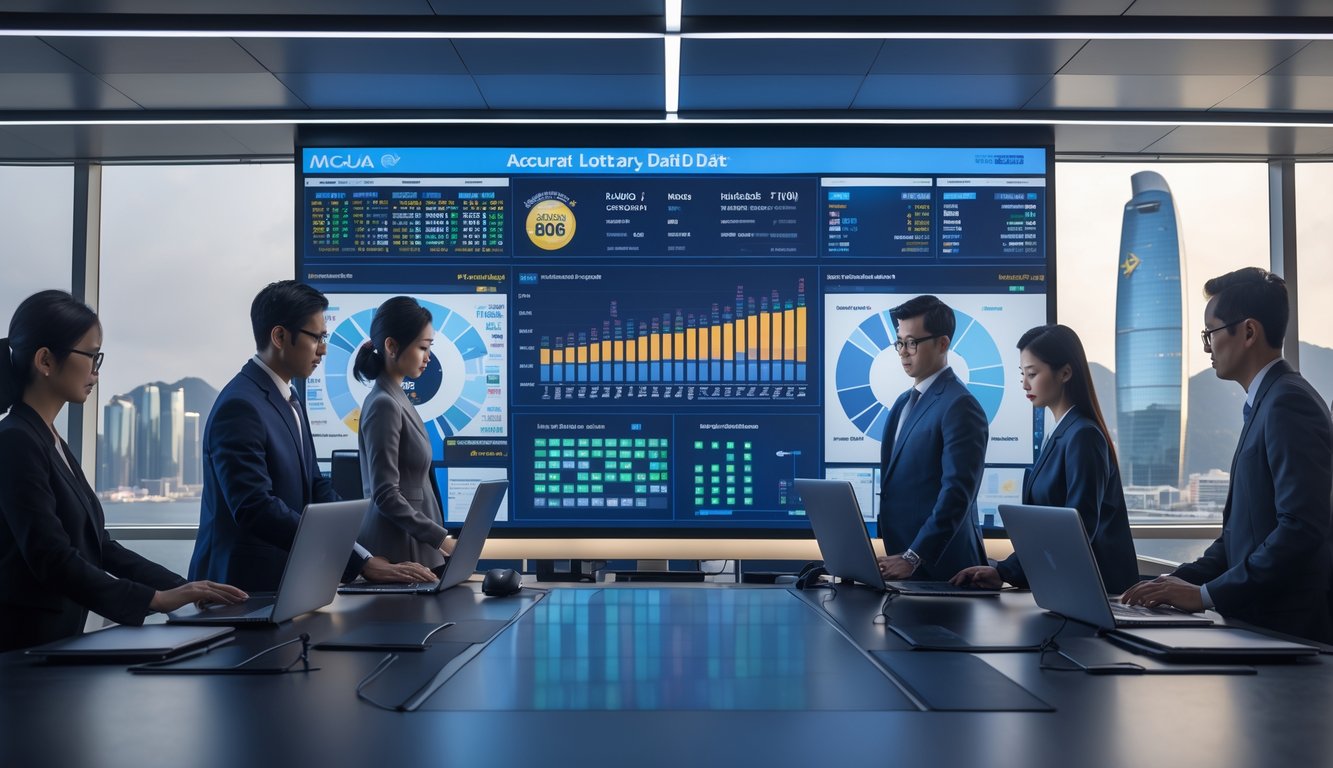 Sekelompok profesional sedang menganalisis data lotere dengan layar digital besar dan pemandangan kota Macau di latar belakang.