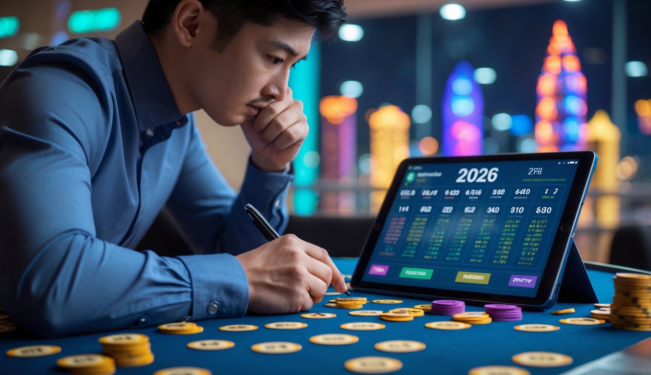 Seorang individu sedang fokus menganalisis strategi bermain judi togel Macau dengan tiket dan perangkat digital di meja.